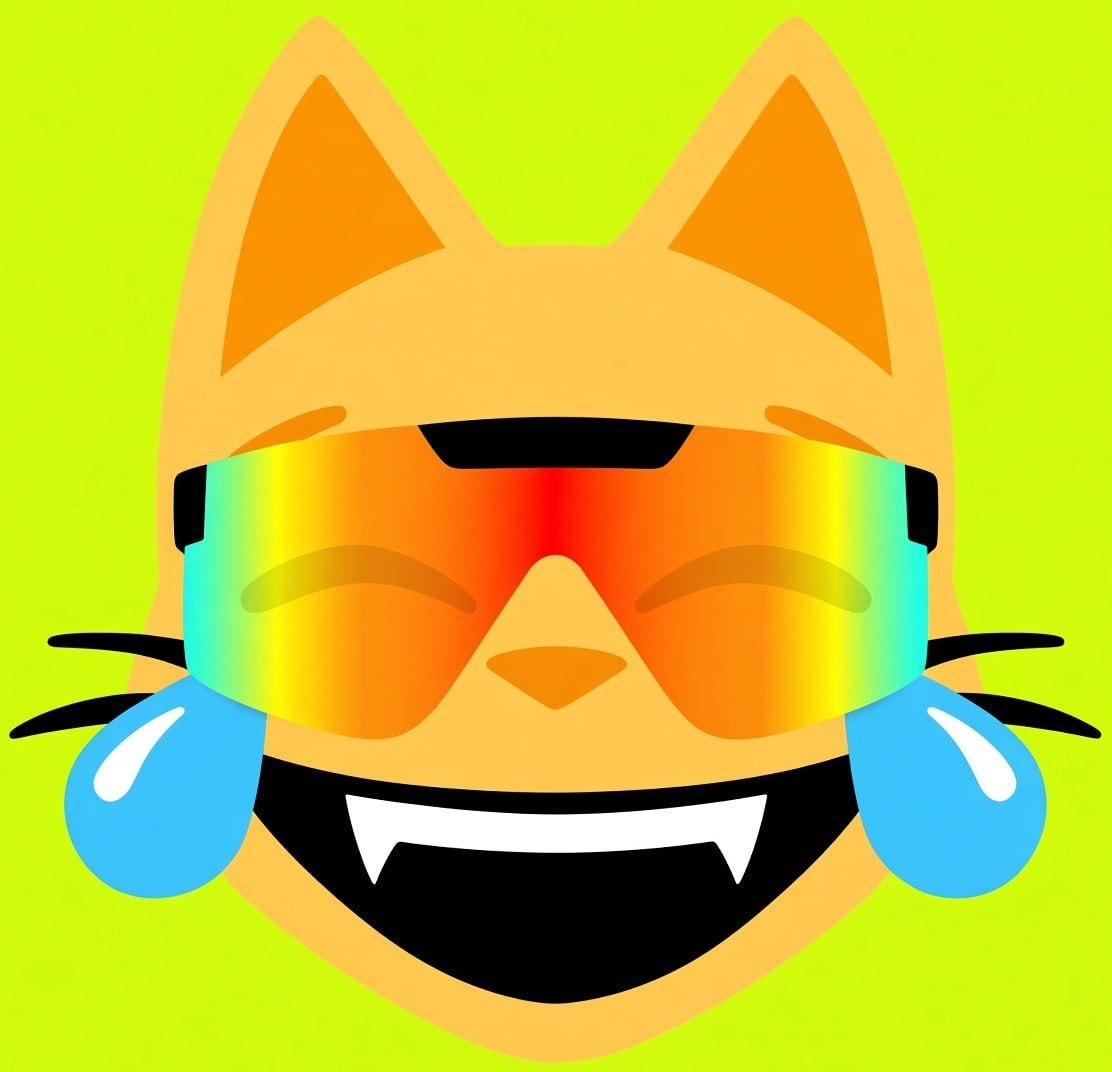 Mog Coin mascot: laughing cat wearing rainbow visor sunglasses